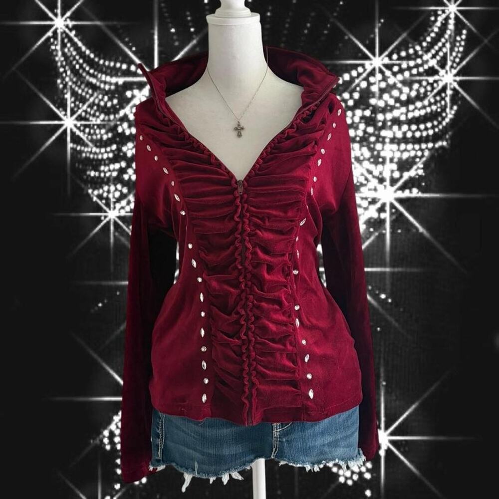 bedazzled embellished red maroon velvet zip up cover up mcbling glam velour top